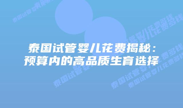 泰国试管婴儿花费揭秘：预算内的高品质生育选择