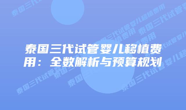泰国三代试管婴儿移植费用：全数解析与预算规划