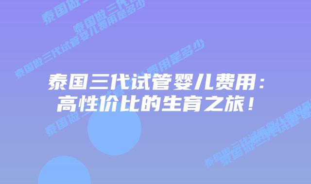 泰国三代试管婴儿费用：高性价比的生育之旅！