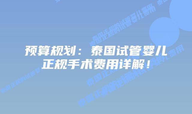 预算规划：泰国试管婴儿正规手术费用详解！