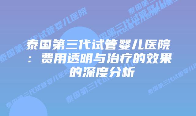 泰国第三代试管婴儿医院：费用透明与治疗的效果 的深度分析