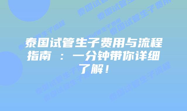 泰国试管生子费用与流程指南​：一分钟带你详细了解！