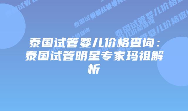 泰国试管婴儿价格查询：泰国试管明星专家玛祖解析